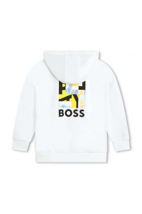 BOSS bluza copii culoarea alb, cu glugă, cu imprimeu