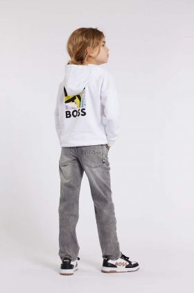 BOSS bluza copii culoarea alb, cu glugă, cu imprimeu