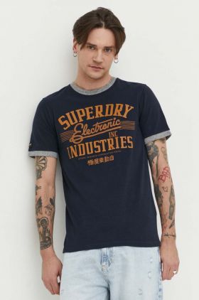 Superdry tricou din bumbac barbati, culoarea albastru marin, cu imprimeu