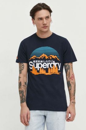 Superdry tricou din bumbac barbati, culoarea albastru marin, cu imprimeu