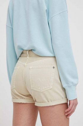 Pepe Jeans pantaloni scurti jeans femei, culoarea bej, neted, high waist