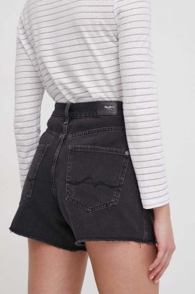 Pepe Jeans pantaloni scurti jeans femei, culoarea negru, neted, high waist