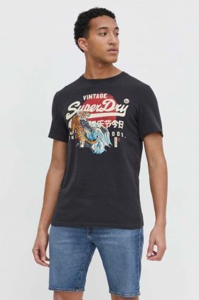 Superdry tricou din bumbac barbati, culoarea gri, cu imprimeu