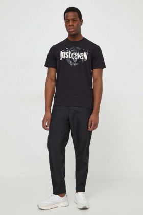 Just Cavalli tricou din bumbac barbati, culoarea negru, cu imprimeu