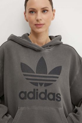 adidas Originals hanorac de bumbac Washed Trefoil Hoody femei, culoarea gri, cu glugă, cu imprimeu, IN2269