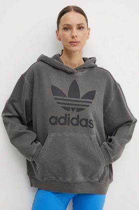 adidas Originals hanorac de bumbac Washed Trefoil Hoody femei, culoarea gri, cu glugă, cu imprimeu, IN2269