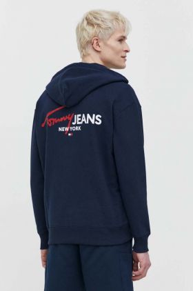 Tommy Jeans bluză bărbați, culoarea bleumarin, cu glugă, imprimeu DM0DM18631