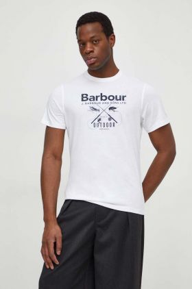 Barbour tricou din bumbac barbati, culoarea alb, cu imprimeu