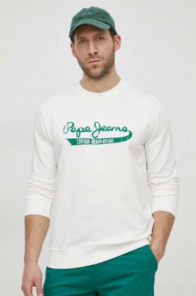 Pepe Jeans hanorac de bumbac barbati, culoarea alb, cu imprimeu