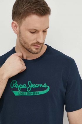 Pepe Jeans tricou din bumbac barbati, culoarea albastru marin, cu imprimeu