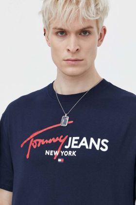 Tommy Jeans tricou din bumbac bărbați, culoarea bleumarin, cu imprimeu DM0DM18572