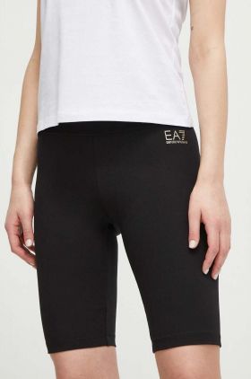 EA7 Emporio Armani pantaloni scurti femei, culoarea negru, cu imprimeu, high waist