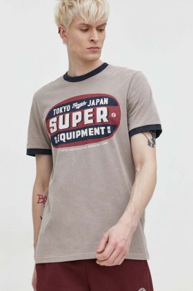 Superdry tricou din bumbac barbati, culoarea bej, cu imprimeu