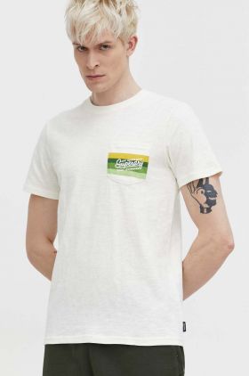 Superdry tricou din bumbac barbati, culoarea bej, cu imprimeu