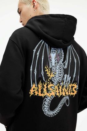 AllSaints hanorac de bumbac DRAGONSKULL barbati, culoarea negru, cu glugă, cu imprimeu