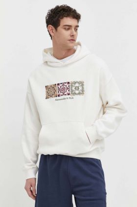 Abercrombie & Fitch bluza barbati, culoarea bej, cu glugă, cu imprimeu