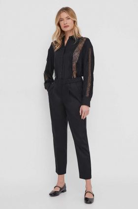 Sisley pantaloni femei, culoarea negru, fason tigareta, high waist