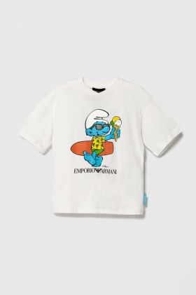 Emporio Armani tricou de bumbac pentru copii The Smurfs culoarea alb, cu imprimeu