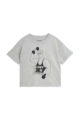 Mini Rodini tricou de bumbac pentru copii Weight lifting culoarea gri, cu imprimeu