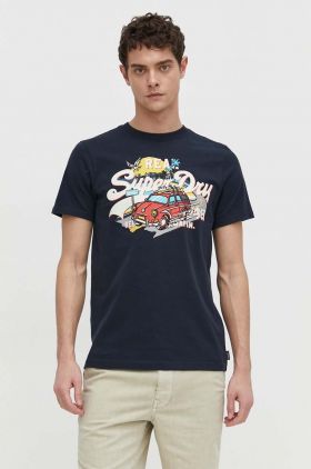 Superdry tricou din bumbac barbati, culoarea albastru marin, cu imprimeu