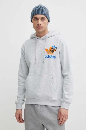 adidas Originals hanorac de bumbac bărbați, culoarea gri, cu glugă, cu imprimeu  IS2913