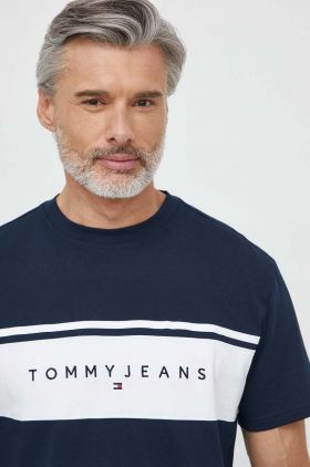 Tommy Jeans tricou din bumbac bărbați, culoarea bleumarin, cu imprimeu DM0DM18658