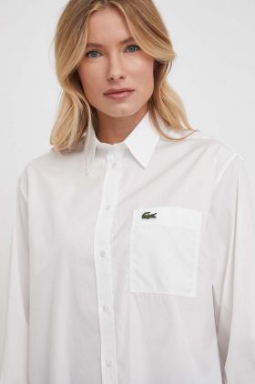 Lacoste camasa din bumbac femei, culoarea alb, cu guler clasic, relaxed