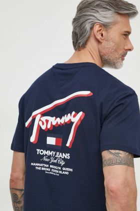 Tommy Jeans tricou din bumbac bărbați, culoarea bleumarin, cu imprimeu DM0DM18574