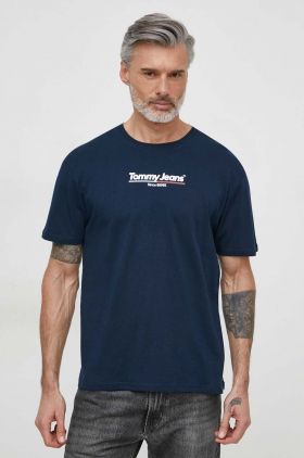 Tommy Jeans tricou din bumbac bărbați, culoarea bleumarin, cu imprimeu DM0DM18590