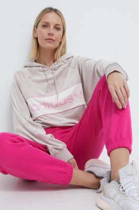 adidas Originals bluză din velur culoarea bej, cu glugă, cu imprimeu  IR5275