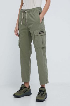 Napapijri pantaloni de bumbac culoarea verde, drept, high waist