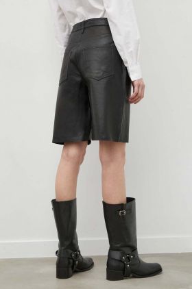 Samsoe Samsoe pantaloni scurti de piele femei, culoarea negru, neted, high waist