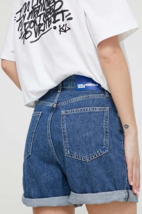 Karl Lagerfeld Jeans pantaloni scurti jeans femei, culoarea albastru marin, neted, high waist