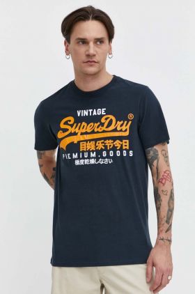 Superdry tricou din bumbac barbati, culoarea albastru marin, cu imprimeu