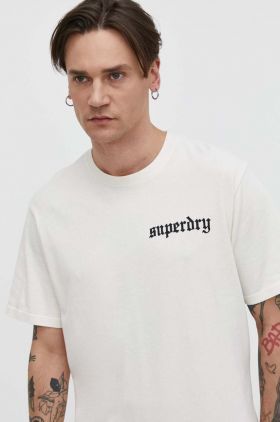 Superdry tricou din bumbac barbati, culoarea bej, cu imprimeu