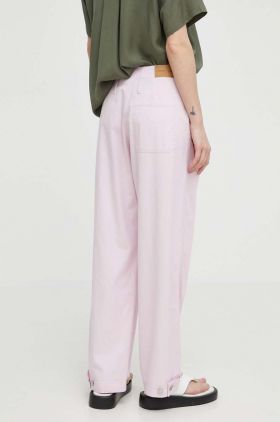 Samsoe Samsoe pantaloni din amestec de in culoarea roz, drept, high waist