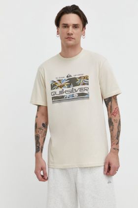 Quiksilver tricou din bumbac barbati, culoarea bej, cu imprimeu