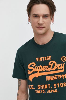 Superdry tricou din bumbac barbati, culoarea verde, cu imprimeu