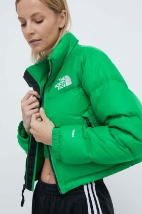 The North Face geaca de puf NUPTSE SHORT JACKET femei, culoarea verde, de iarna, NF0A5GGEPO81