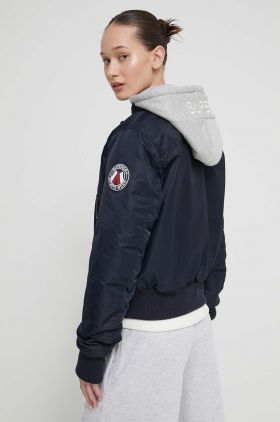 Superdry geaca bomber femei, culoarea albastru marin, de tranzitie