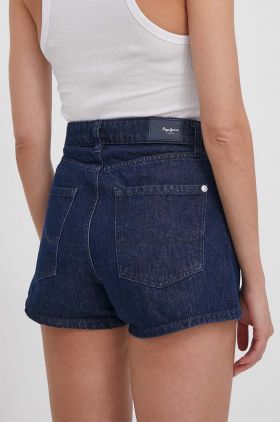 Pepe Jeans pantaloni scurti jeans femei, culoarea albastru marin, neted, high waist