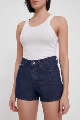 Pepe Jeans pantaloni scurti jeans femei, culoarea albastru marin, neted, high waist