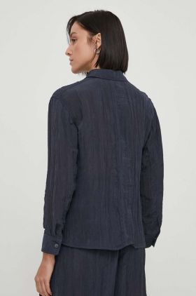 Emporio Armani camasa femei, culoarea albastru marin, cu guler clasic, regular