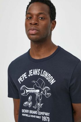 Pepe Jeans tricou din bumbac barbati, culoarea albastru marin, cu imprimeu