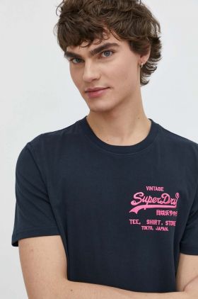 Superdry tricou din bumbac barbati, culoarea albastru marin, cu imprimeu