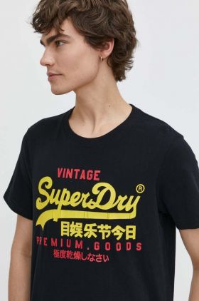 Superdry tricou din bumbac barbati, culoarea negru, cu imprimeu