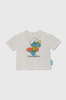 Emporio Armani tricou din bumbac pentru bebelusi x The Smurfs culoarea alb, cu imprimeu