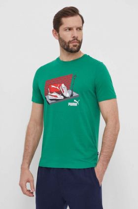 Puma tricou din bumbac bărbați, culoarea verde, cu imprimeu, 680175