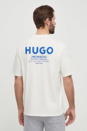 HUGO Blue tricou din bumbac bărbați, culoarea bej, cu imprimeu 50509776