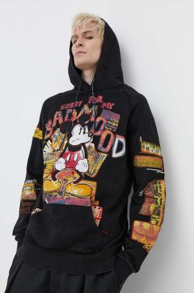 Desigual hanorac de bumbac MICKEY BAD MOOD barbati, culoarea negru, cu glugă, cu imprimeu, 24SMSK15